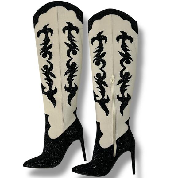 NEW INC Black & White Western Rhinestone Boots Size 5.5 Embellished Concert Heel - Picture 1 of 8